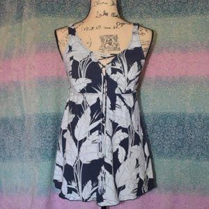 Navy Blue & White Tankini Bathing Suit L Floral Boy Shorts Top Tank